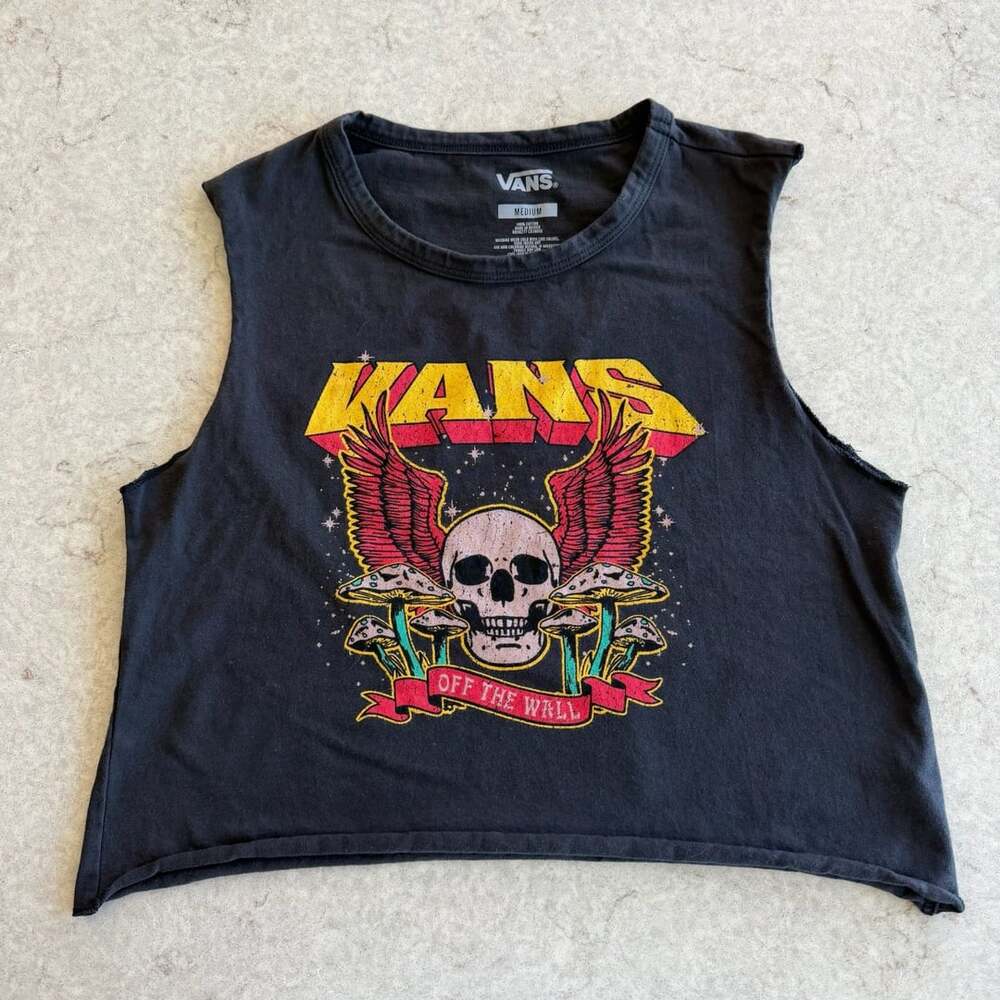 Vans World Tour 1993 Skull Mushroom Crop Tank Size Medium Black